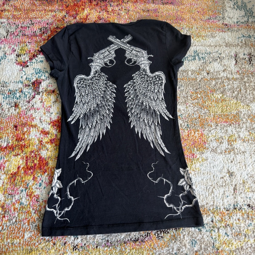 Vintage Y2K Dual Revolvers Angel Wings Graphic V-Neck T-Shirt Black Womens M